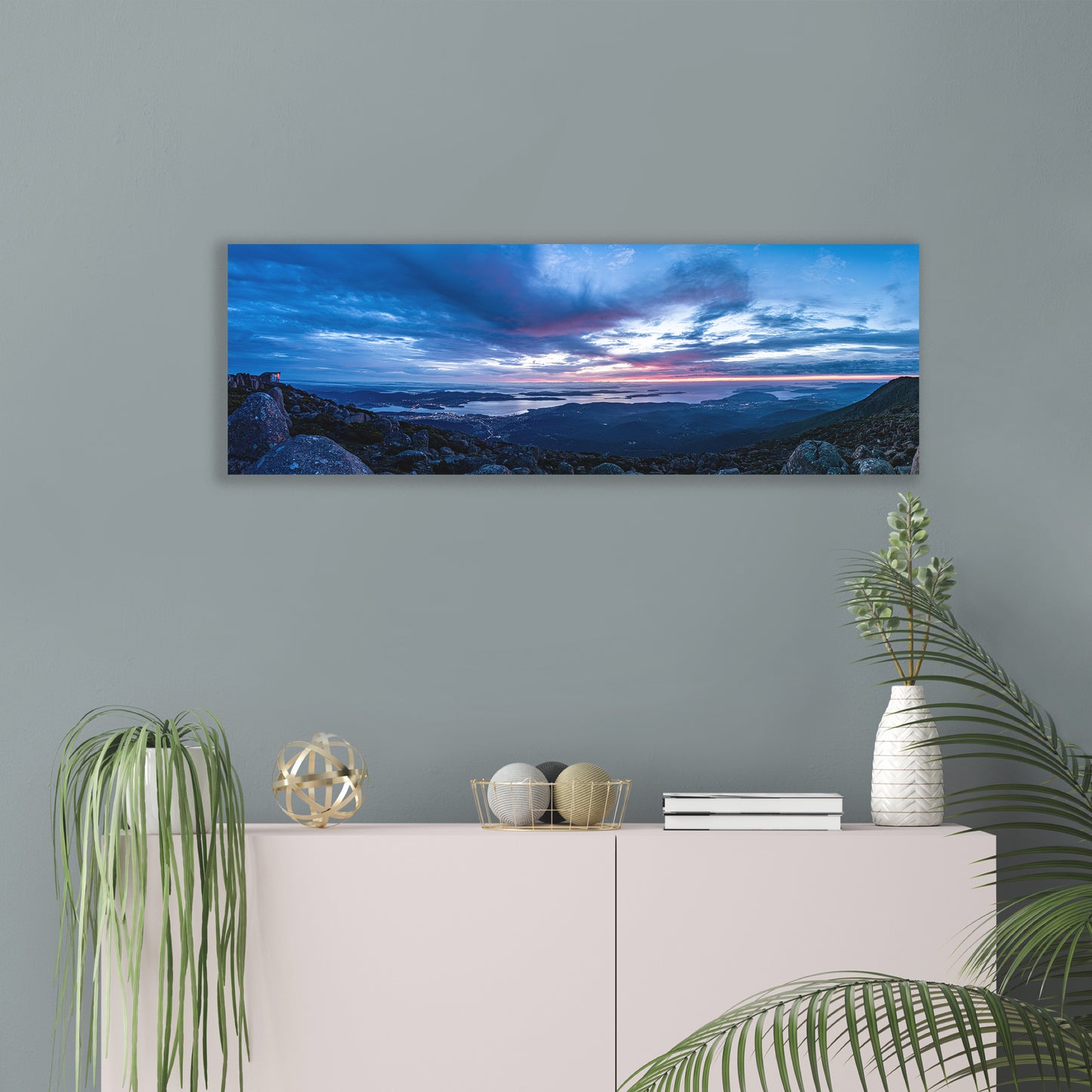Stretched canvas taken on Mount Wellington, Hobart, Tasmania in blue hour by Istvan Maar Photography - living room