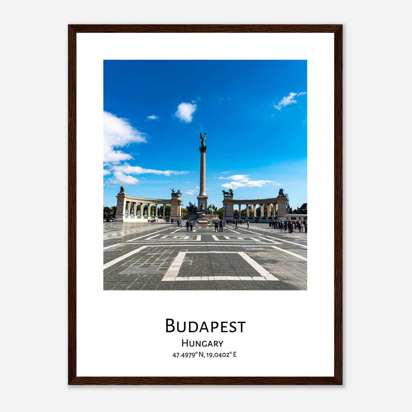 Personalised framed Budapest poster by Istvan Maar Photography - Heroes' Square - dark wood frame - close-up