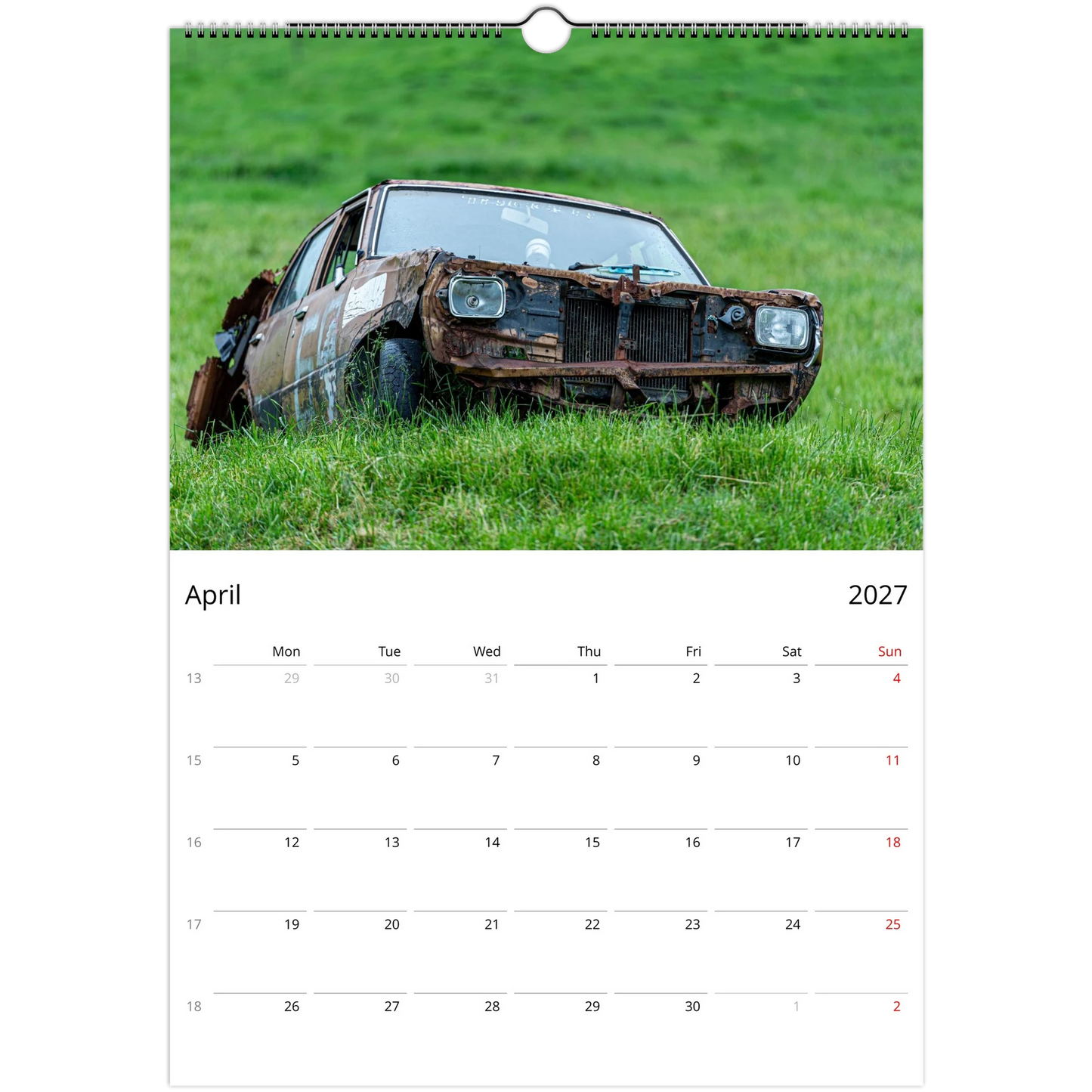 Rusty and Beauty Cars Wall Calendar – product packaging and spiral binding detail