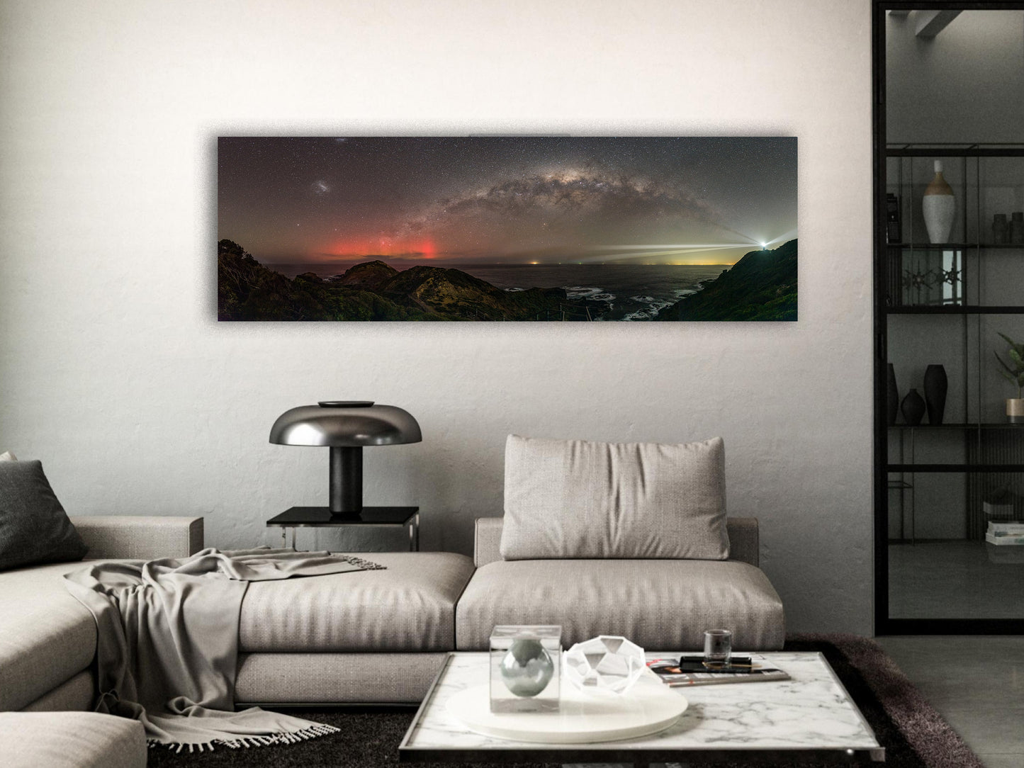 Astrophotography with Milky Way, Aurora Australis and a lighthouse by Istvan Maar Photography in living room