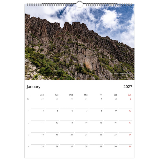 2027 Tasmania Wall Calendar - product packaging and spiral binding detail