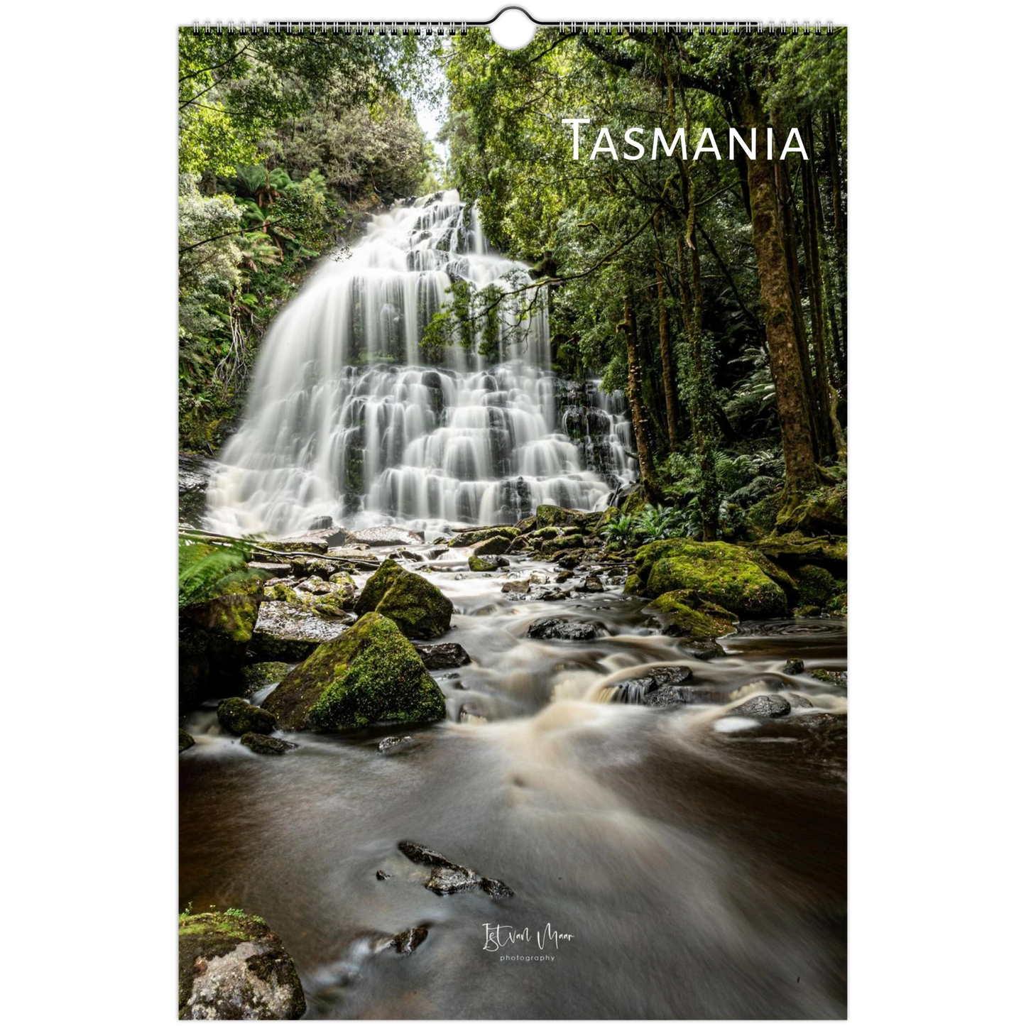 A vertical wall calendar or poster featuring a long-exposure photograph of a waterfall in a lush green forest, with the word "TASMANIA" printed at the top and a hanging ring at the top center.