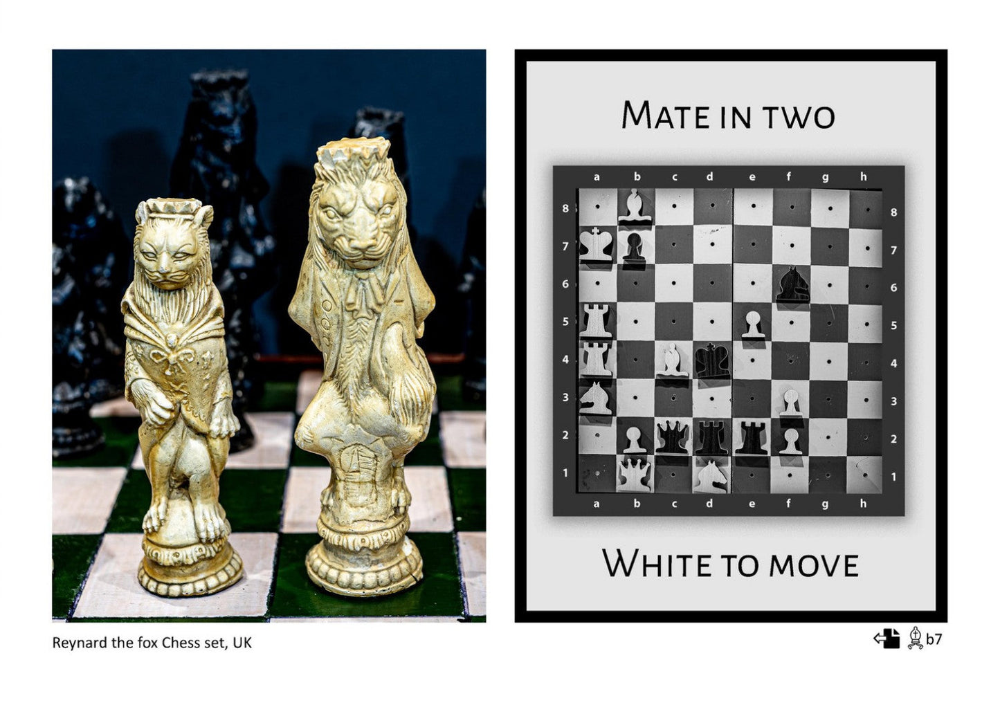 A page of the chess puzzle wall calendar by Istvan Maar Photography - Reynard the fox chess set