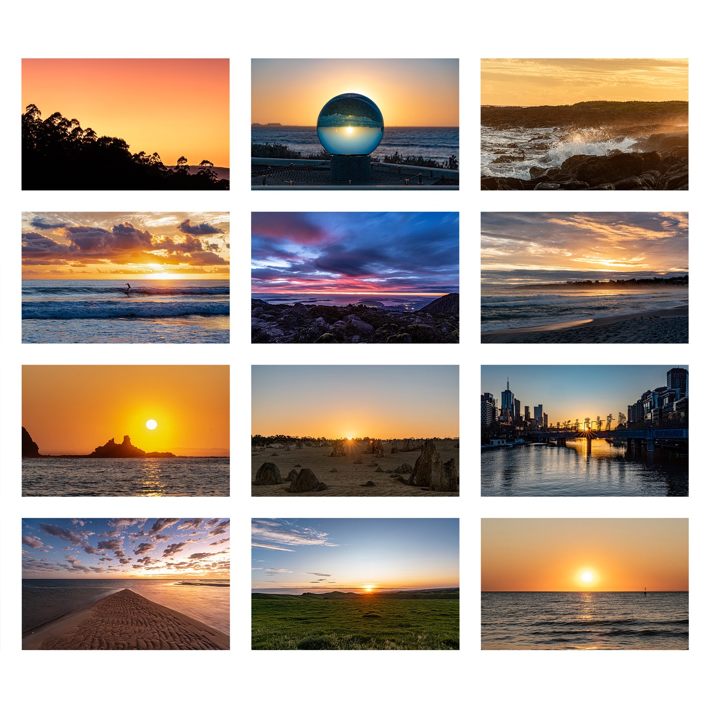Collage of various sunset and sunrise scenes with landscapes and cityscapes.