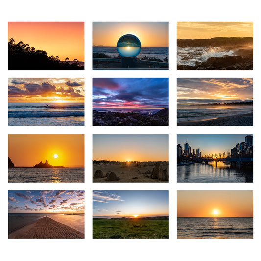 Collage of various sunset and sunrise scenes with landscapes and cityscapes.