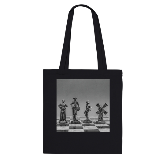 Black tote bag with Don Quixote design on a black and white background by Istvan Maar Photography