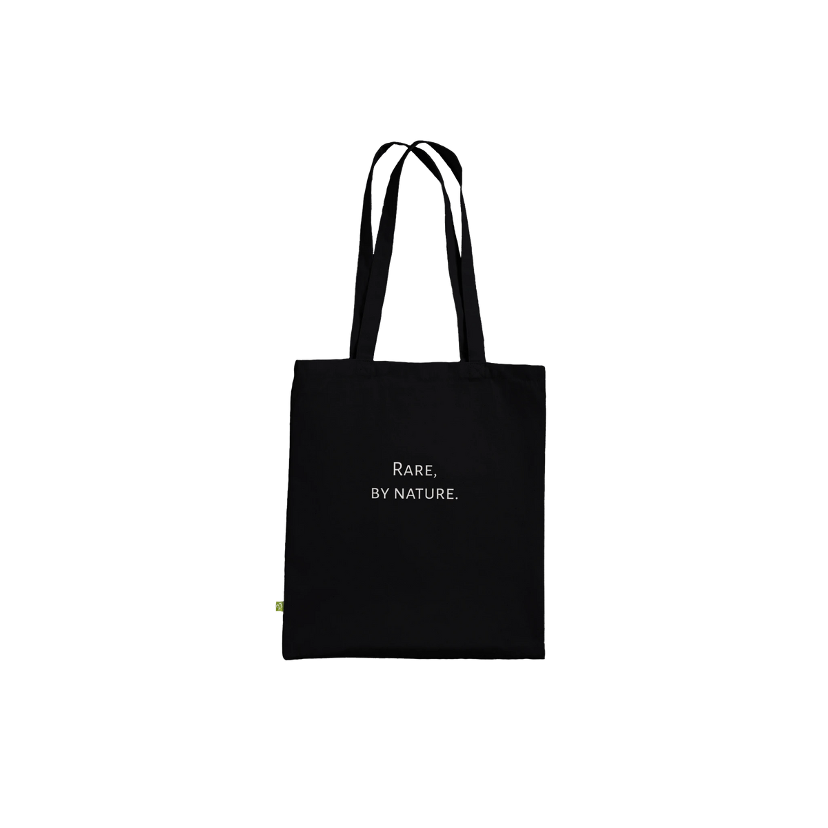 Black swan photograph printed on a black canvas tote bag, Premium style, front view