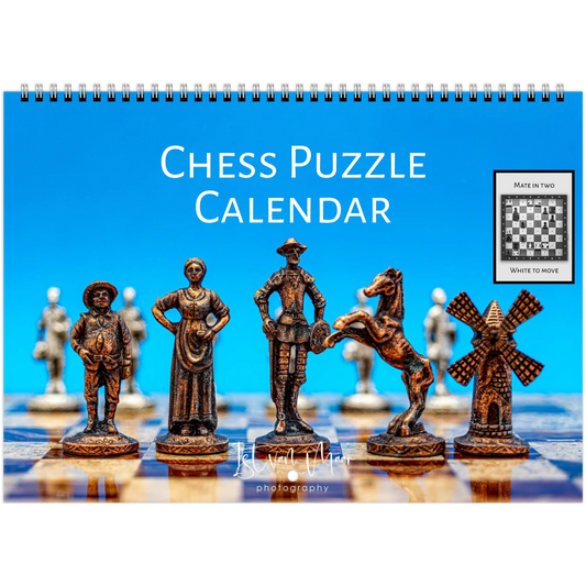 Chess wall calendar by Istvan Maar Photography, featuring chess boards and sets from different cultures.