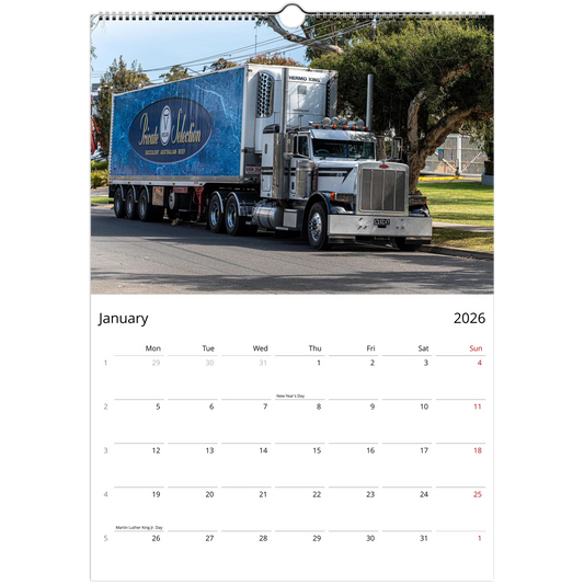 2027 Trucks Wall Calendar – product packaging and spiral binding detail