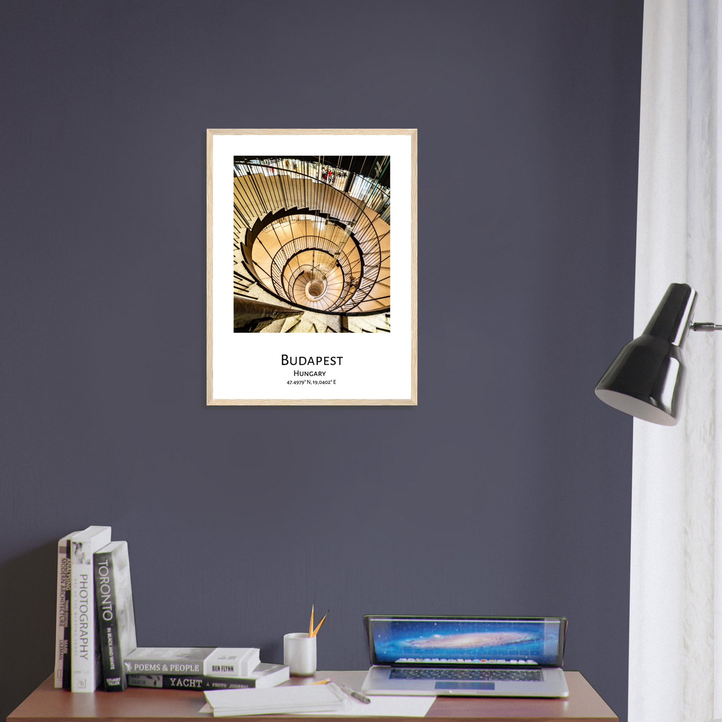 Personalized framed Budapest travel poster by Istvan Maar Photography - House of Music - study room feaute wall