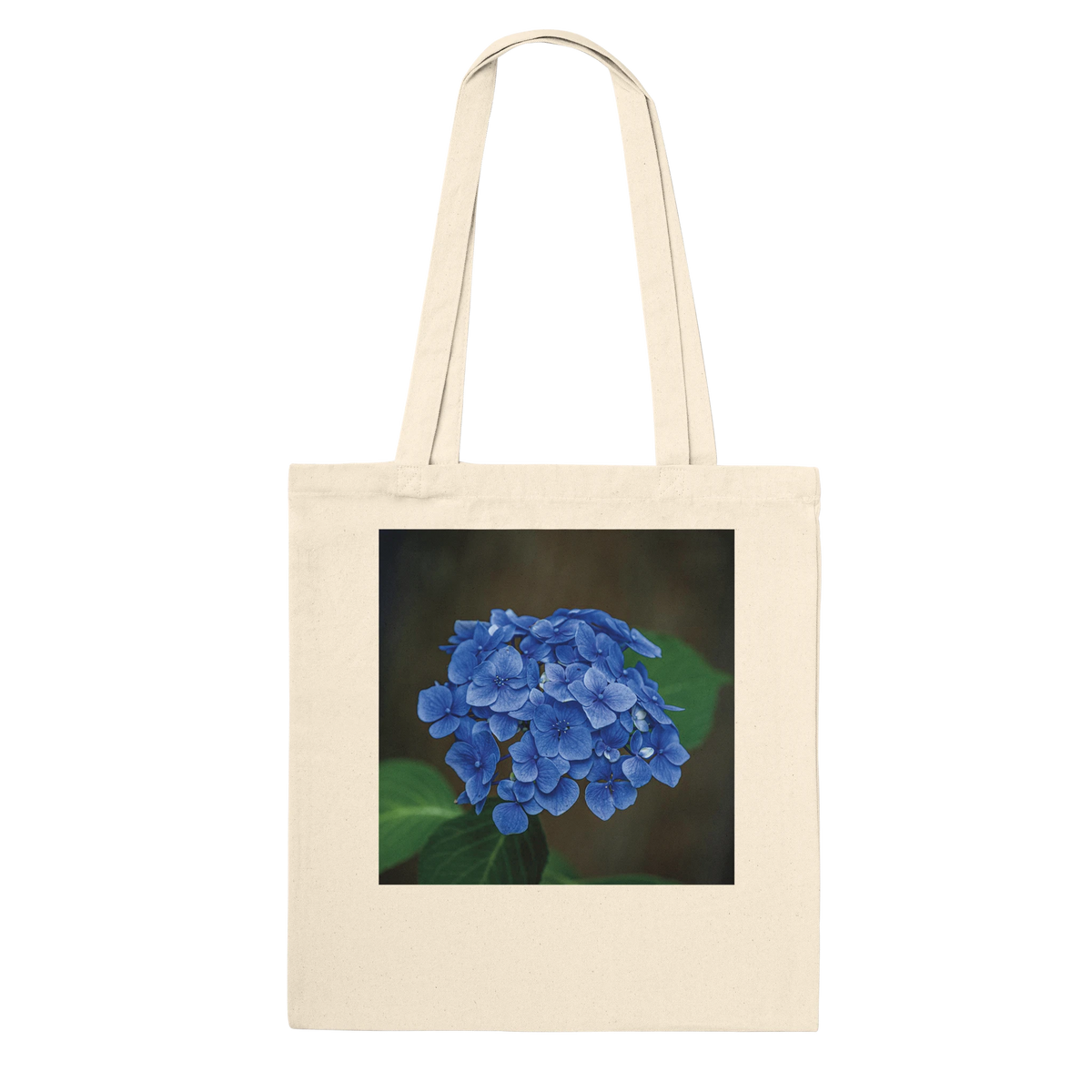 Blue hydrangea photograph printed on a natural canvas tote bag, Premium style, flat product view