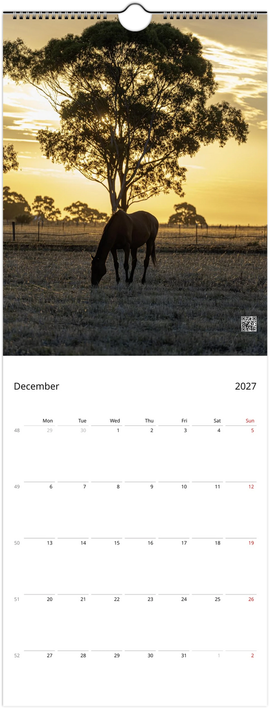 A single-page wall calendar spread showing a scenic photograph of a horse grazing under a large tree at sunset, with the calendar grid for December 2027 below on a white page.