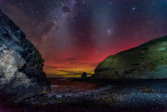 Pulpit Rock at Cape Schanck, Mornington Peninsula, under a night sky illuminated by the Aurora Australis and the Milky Way — landscape astrophotography by Istvan Maar