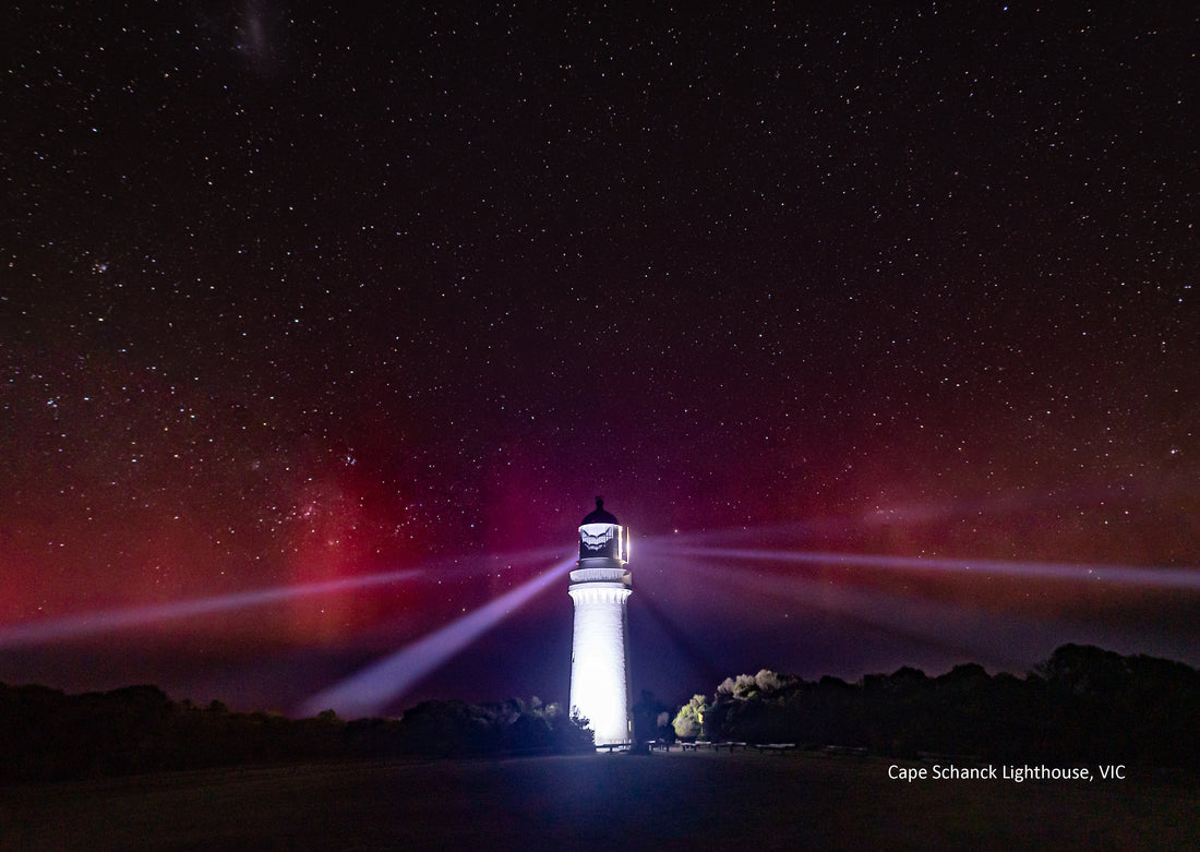 Aurora Australis in orange and peach tones over Cape Schanck Lighthouse — astrophotography by Istvan Maar