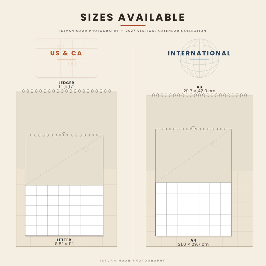 Istvan Maar Photography 2027 calendar size guide comparing wall, slim vertical and desktop calendar formats
