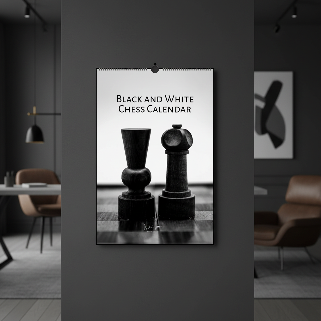 Black and white fine art chess photography wall calendar displayed in A3 size on a dark interior wall, featuring wooden chess pieces close-up photography