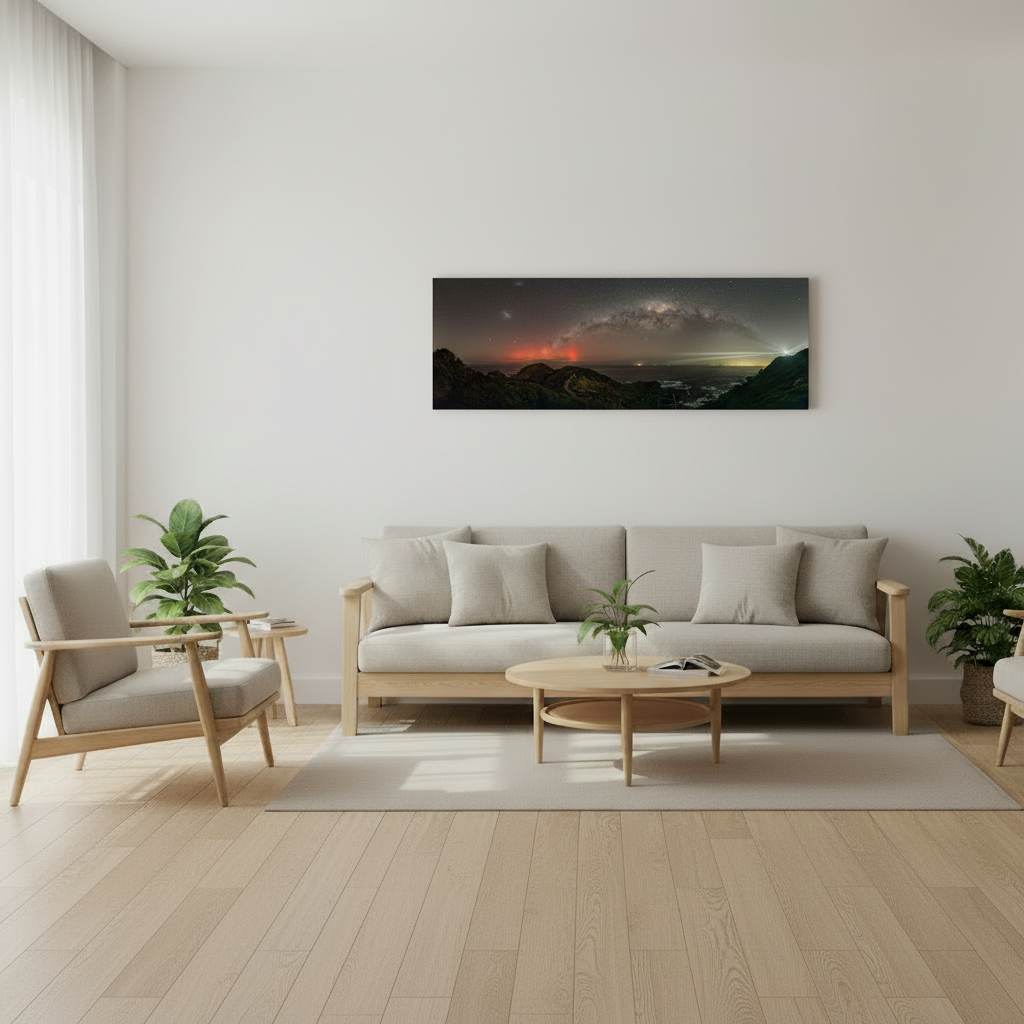 Panoramic stretched canvas print featuring Milky Way arch over Australian coastal landscape with rocky headlands and aurora glow, displayed in a modern living room — fine art astrophotography canvas by Istvan Maar Photography