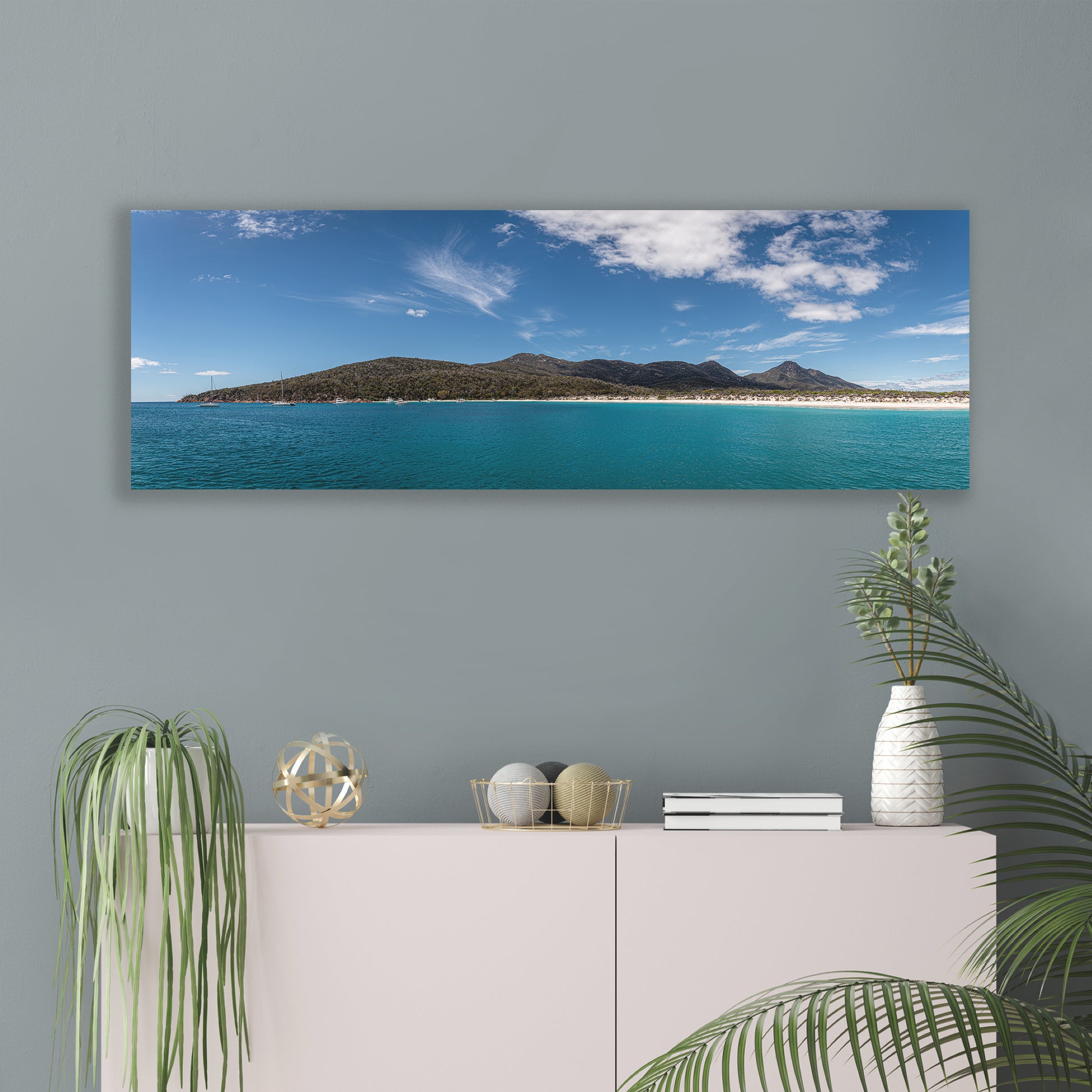 Stretched canvas taken on sunny Wineglass Bay , Tasmania by Istvan Maar Photography - living room.