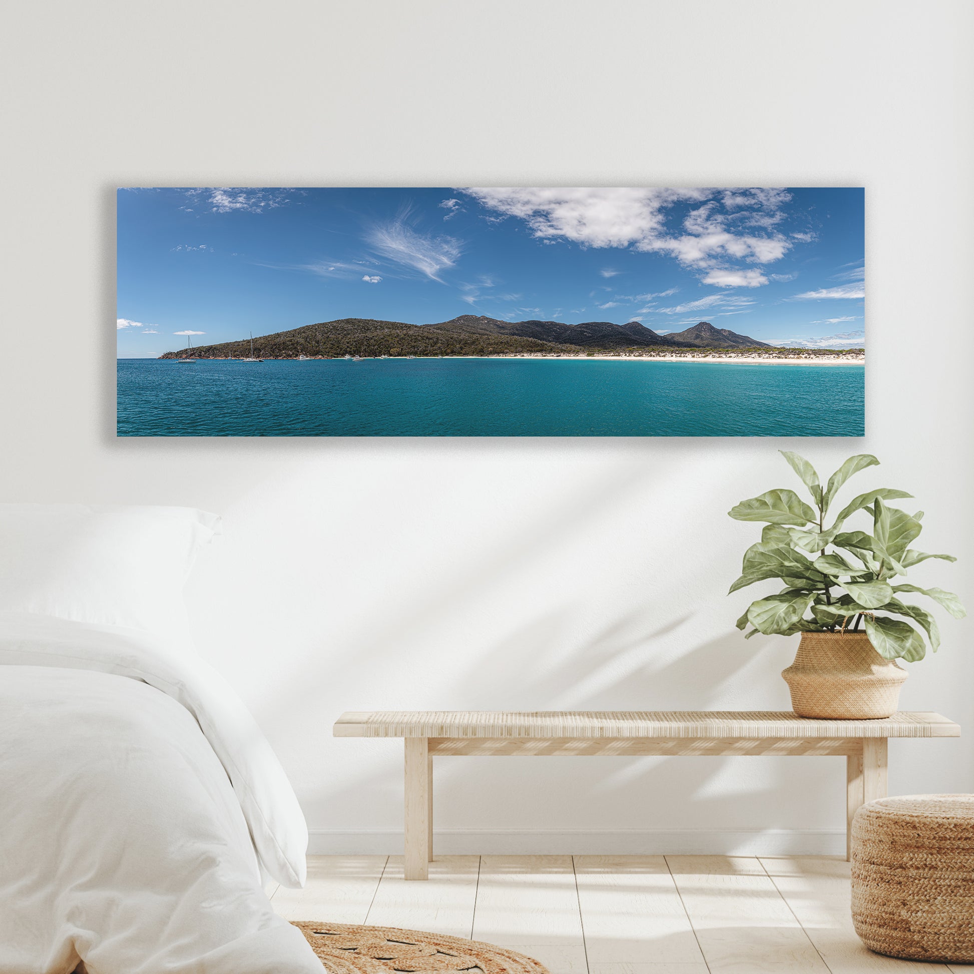 Stretched canvas taken on sunny Wineglass Bay , Tasmania by Istvan Maar Photography - bedroom.