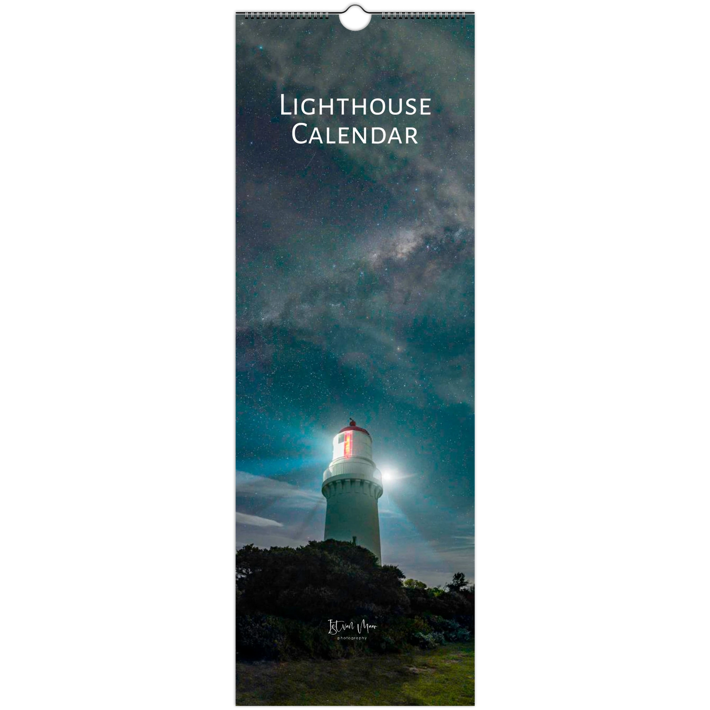 A tall wall calendar cover featuring a lighthouse at night under a starry sky, with the text 'LIGHTHOUSE CALENDAR' at the top and a hanging hole at the top center.