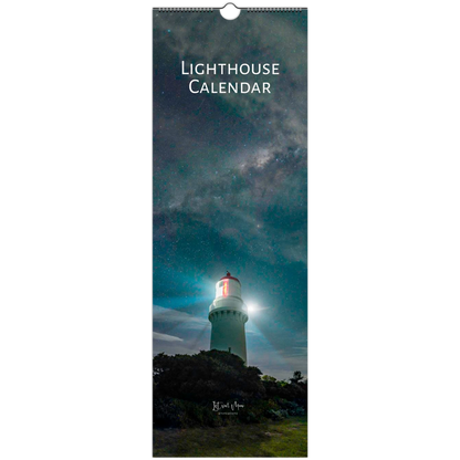 A tall wall calendar cover featuring a lighthouse at night under a starry sky, with the text 'LIGHTHOUSE CALENDAR' at the top and a hanging hole at the top center.