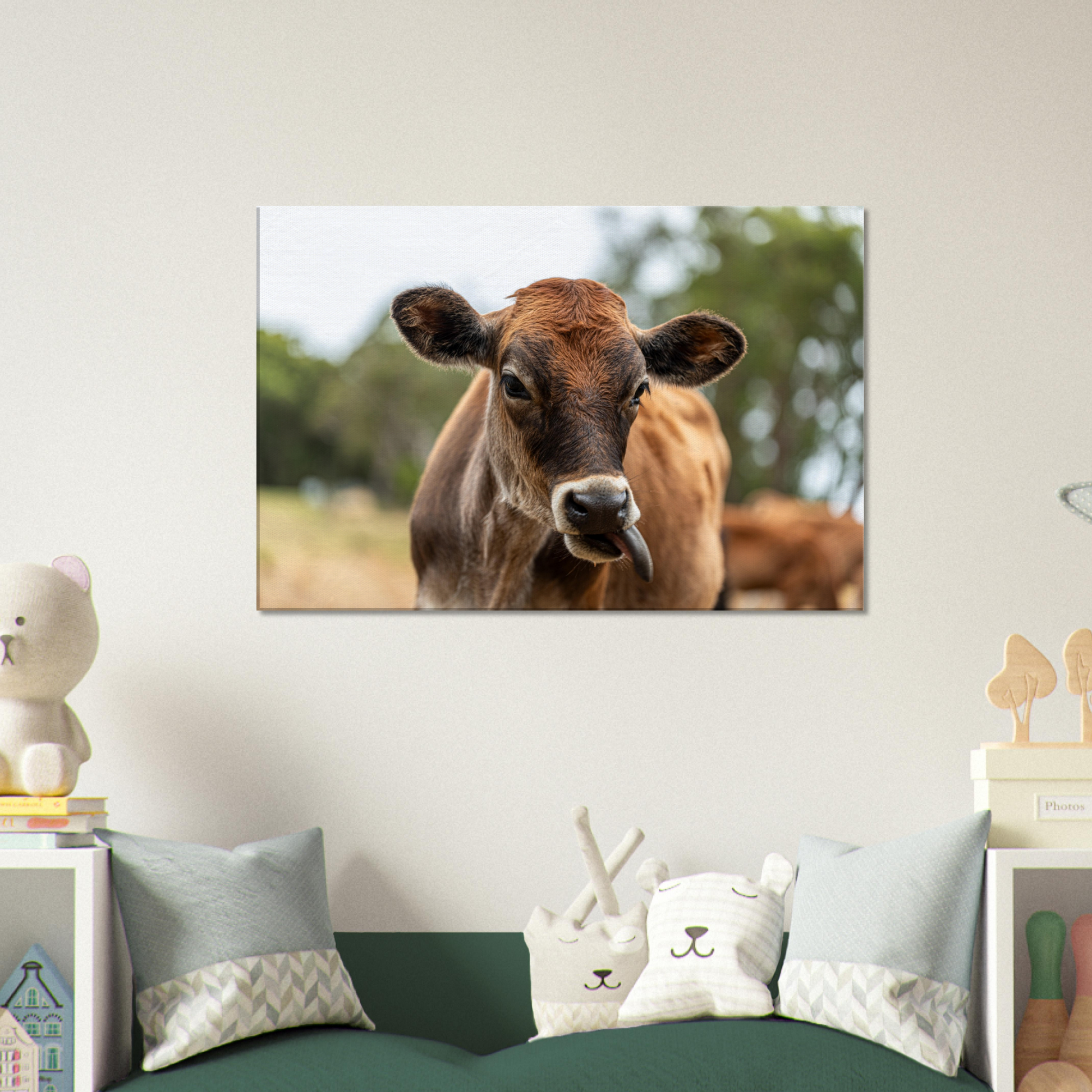 Cute calf Domestic Animal Canvas Wall Art Photography, Nursery Print, Nursery Animal Wall Decor, Kids Room, Prints, Stretched canvas by Istvan Maar Photography mockup 07