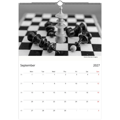 2027 Black and White Chess Wall Calendar – photography detail of chess sets in monochrome