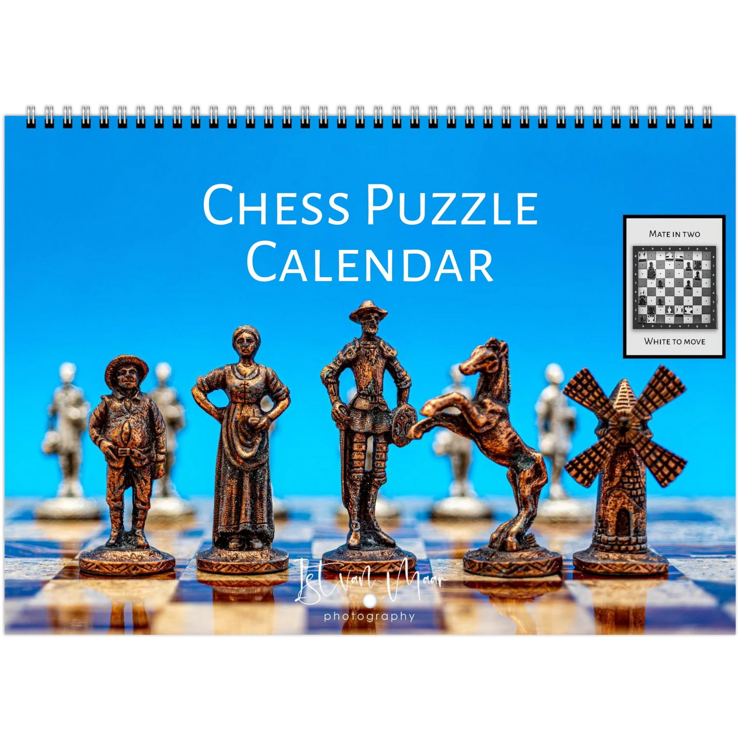 Chess Puzzle Calendar with decorative chess pieces on a blue background