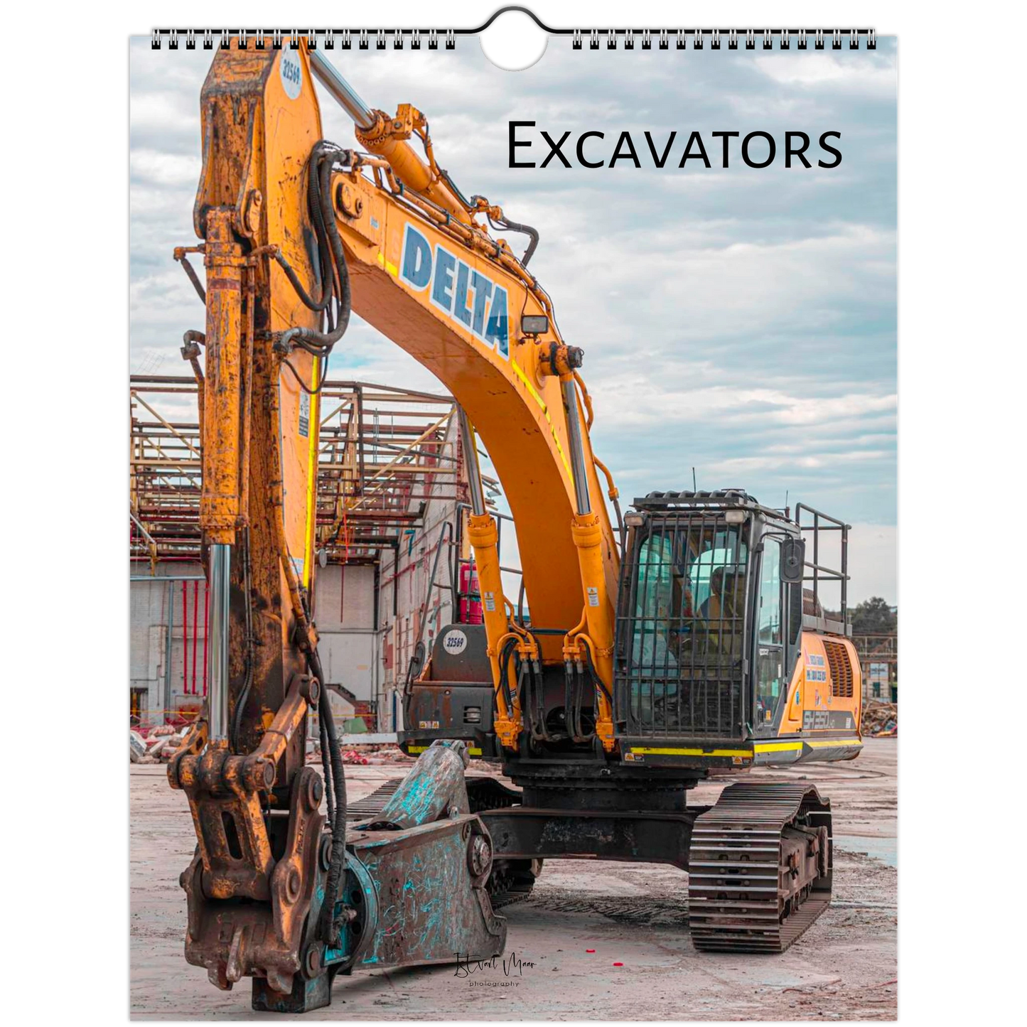 A wall calendar page featuring a large photograph of a yellow Delta excavator at a construction site, with the word 'Excavators' printed at the top.