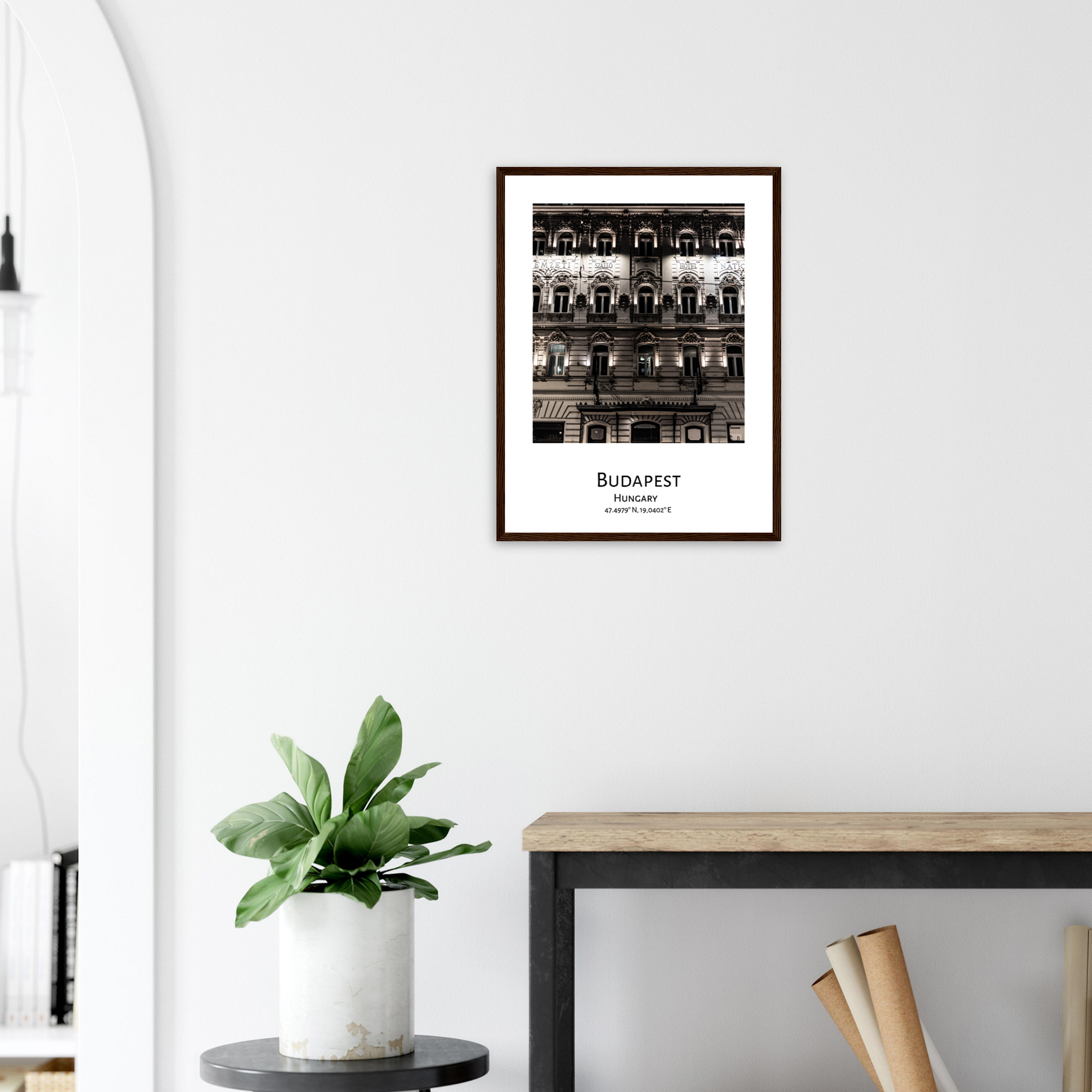 Personalized framed Budapest travel poster - Hotel National in Budapest - dark wood frame - living room