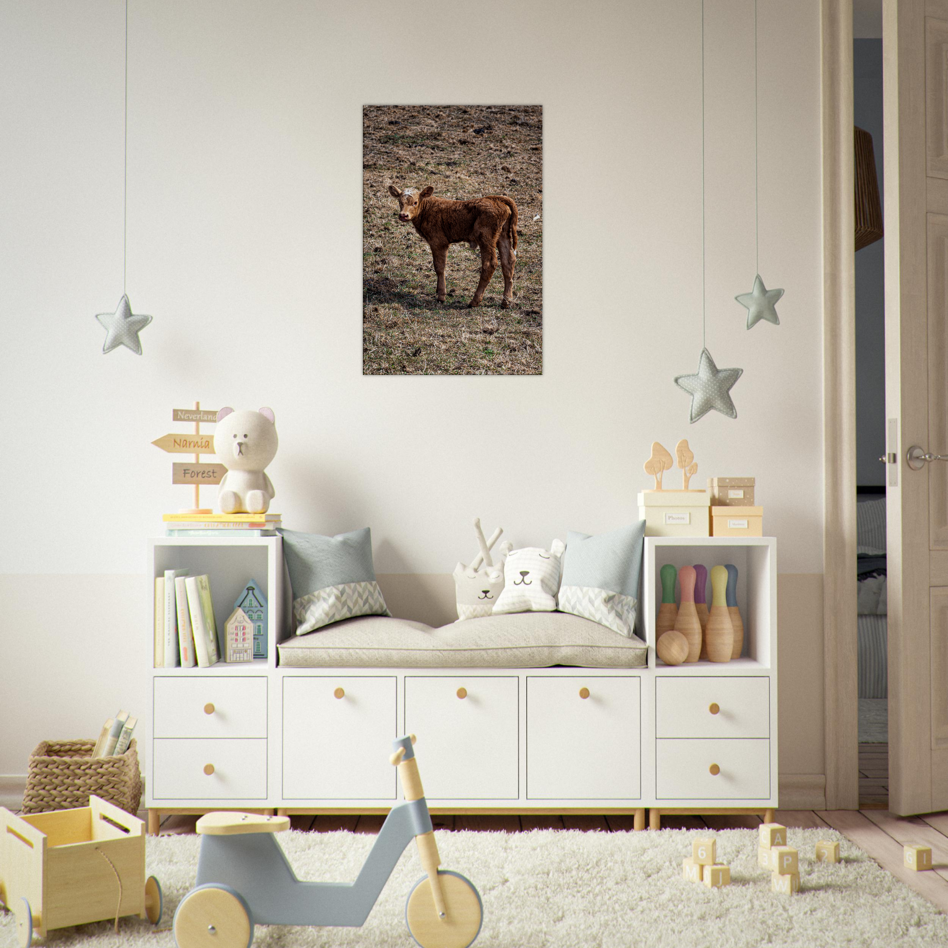 Cute calf Domestic Animal Canvas Wall Art Photography, Nursery Print, Nursery Animal Wall Decor, Kids Room, Prints, Stretched canvas by Istvan Maar Photography mockup 14