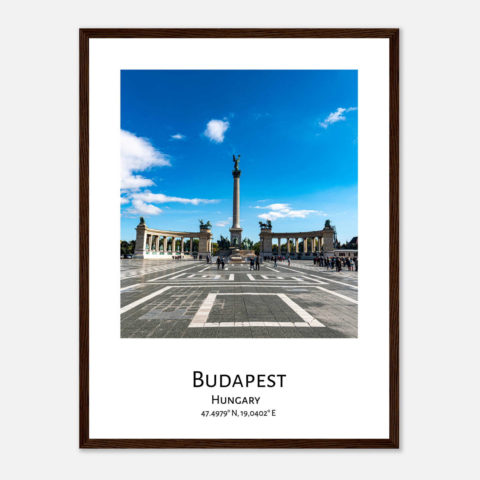 Personalised framed Budapest poster by Istvan Maar Photography - Heroes' Square - dark wood  frame - close-up