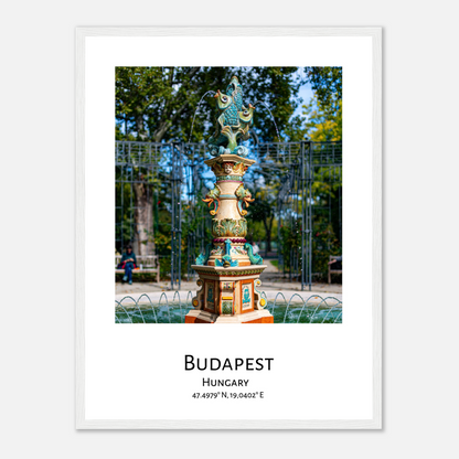 Personalised framed Budapest poster - Zsolnay fountain - white frame - close-up