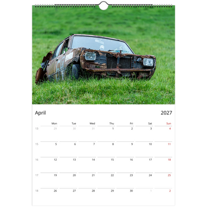 Rusty and Beauty Cars Wall Calendar – product packaging and spiral binding detail
