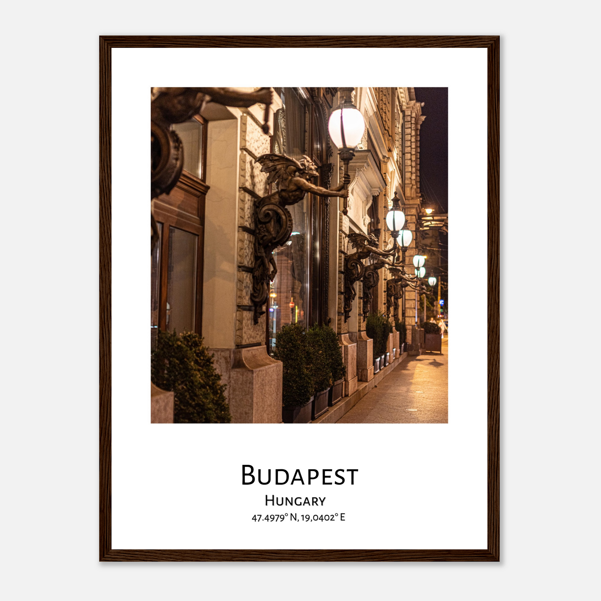 Personalized framed Budapest travel poster - Street of Budapest - dark wood frame - close-up