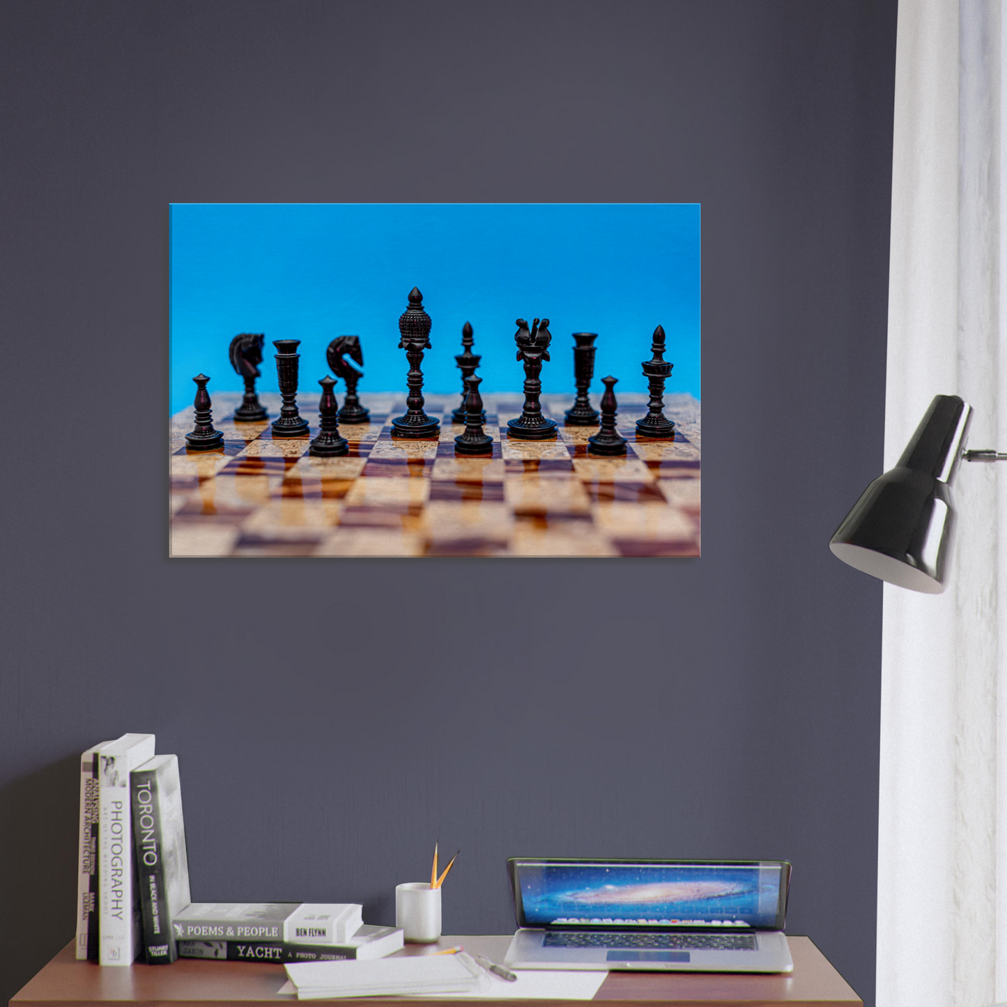 Wooden Chess Set Canvas with blue background by Istvan Maar Photography - study