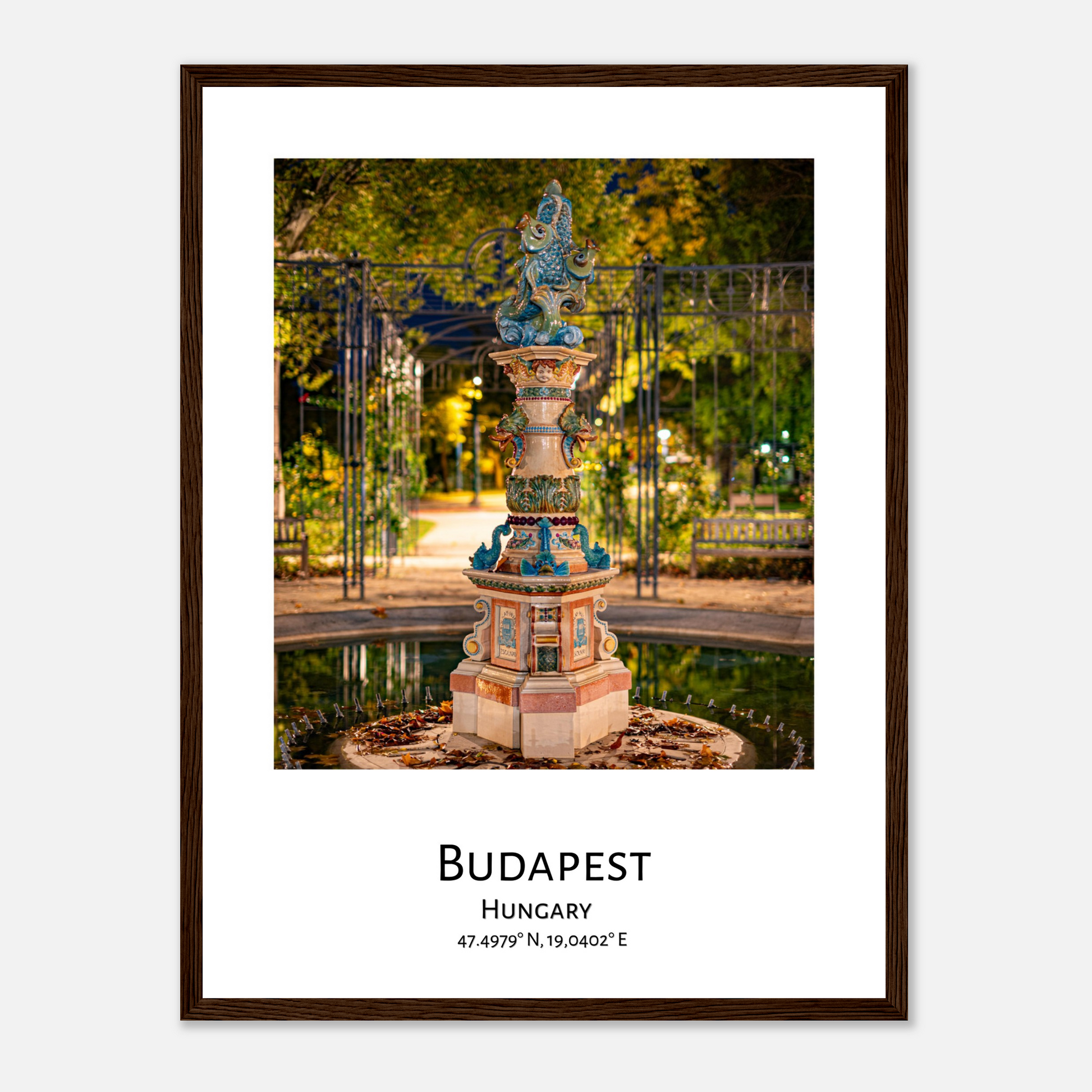 Personalised framed Budapest poster - Zsolnay fountain - dark wood frame - close-up