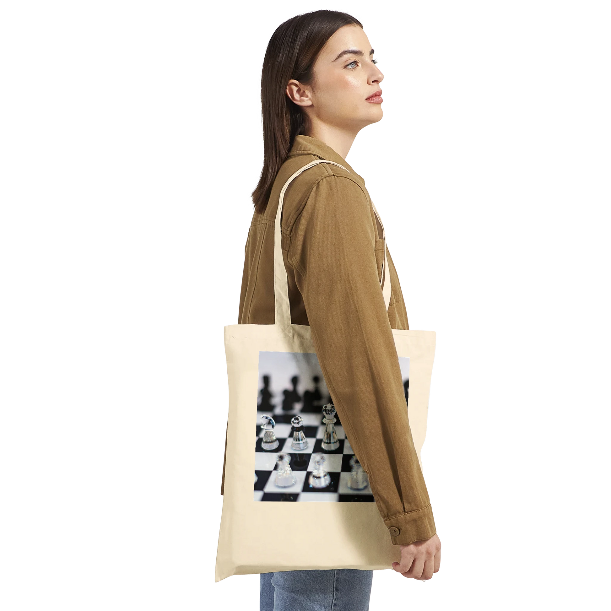 Woman carrying Think Sharp crystal chess tote bag — Classic Natural