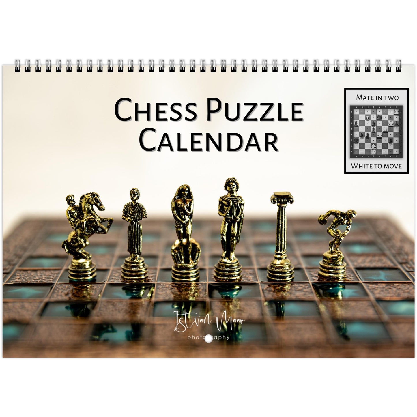 2025 Chess Wall Calendar by Istvan Maar Photography featuring intricate chess sets and challenging monthly puzzles.