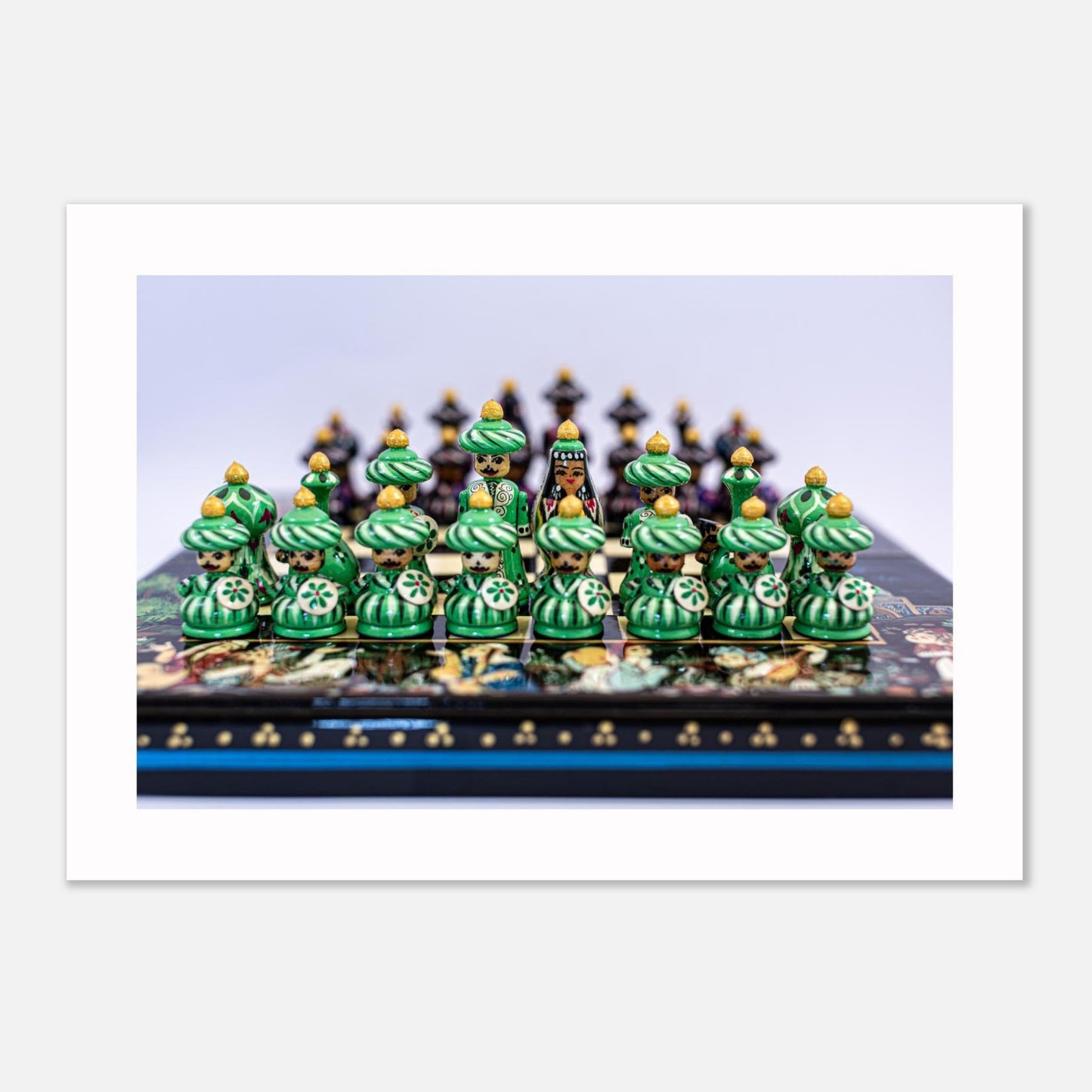 Uzbekistan Chess Set canvas – close-up detail of carved chess pieces