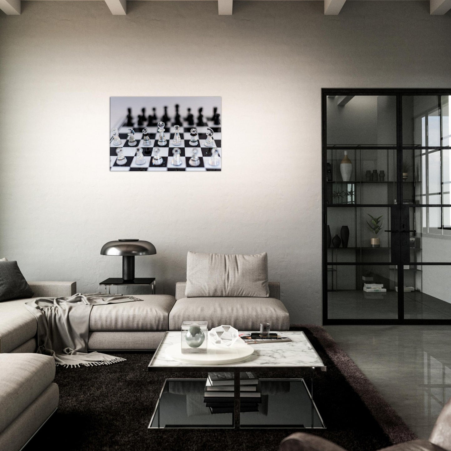 White Stretched Canvas Swarovski Crystal Chess by Istvan Maar Photography - in living room