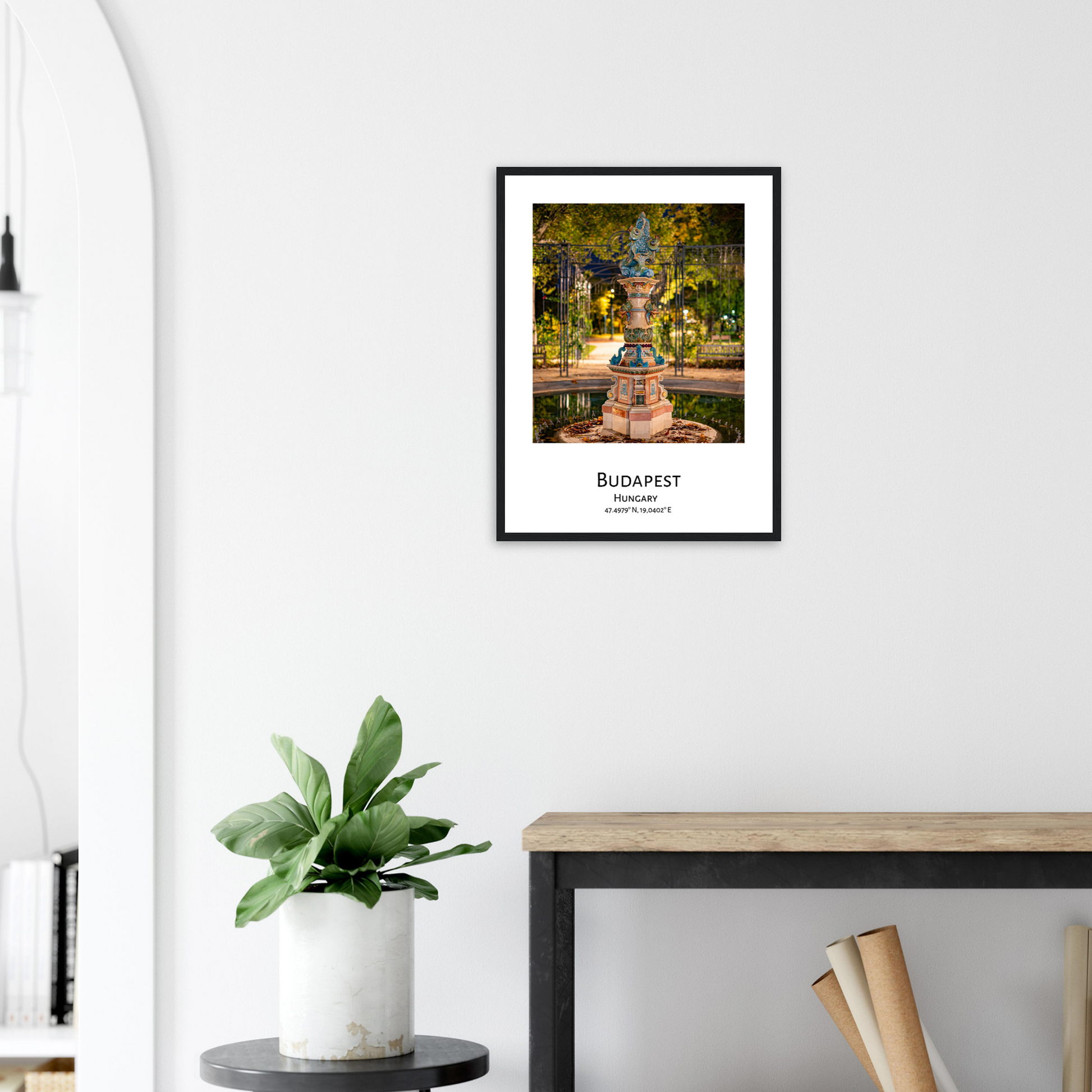 Personalised framed Budapest poster - Zsolnay fountain - black frame - living room