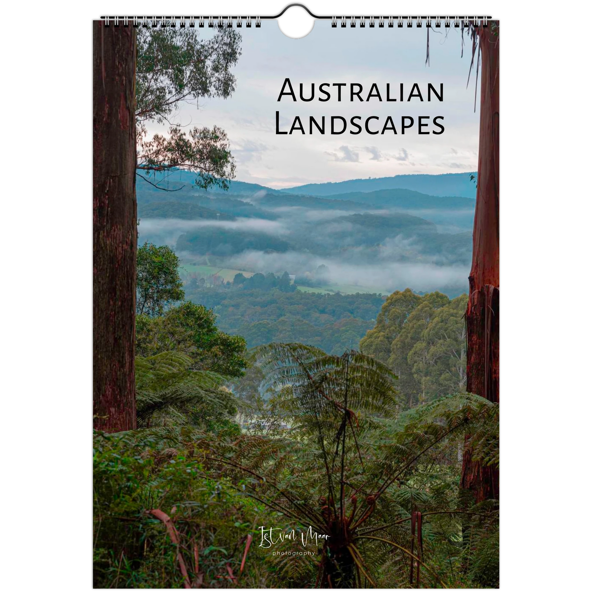 A spiral-bound wall calendar featuring a scenic photograph of misty Australian landscapes with ferns and forested hills. The title 'AUSTRALIAN LANDSCAPES' appears at the top, available in A4, A3, LT and Ledger sizes.