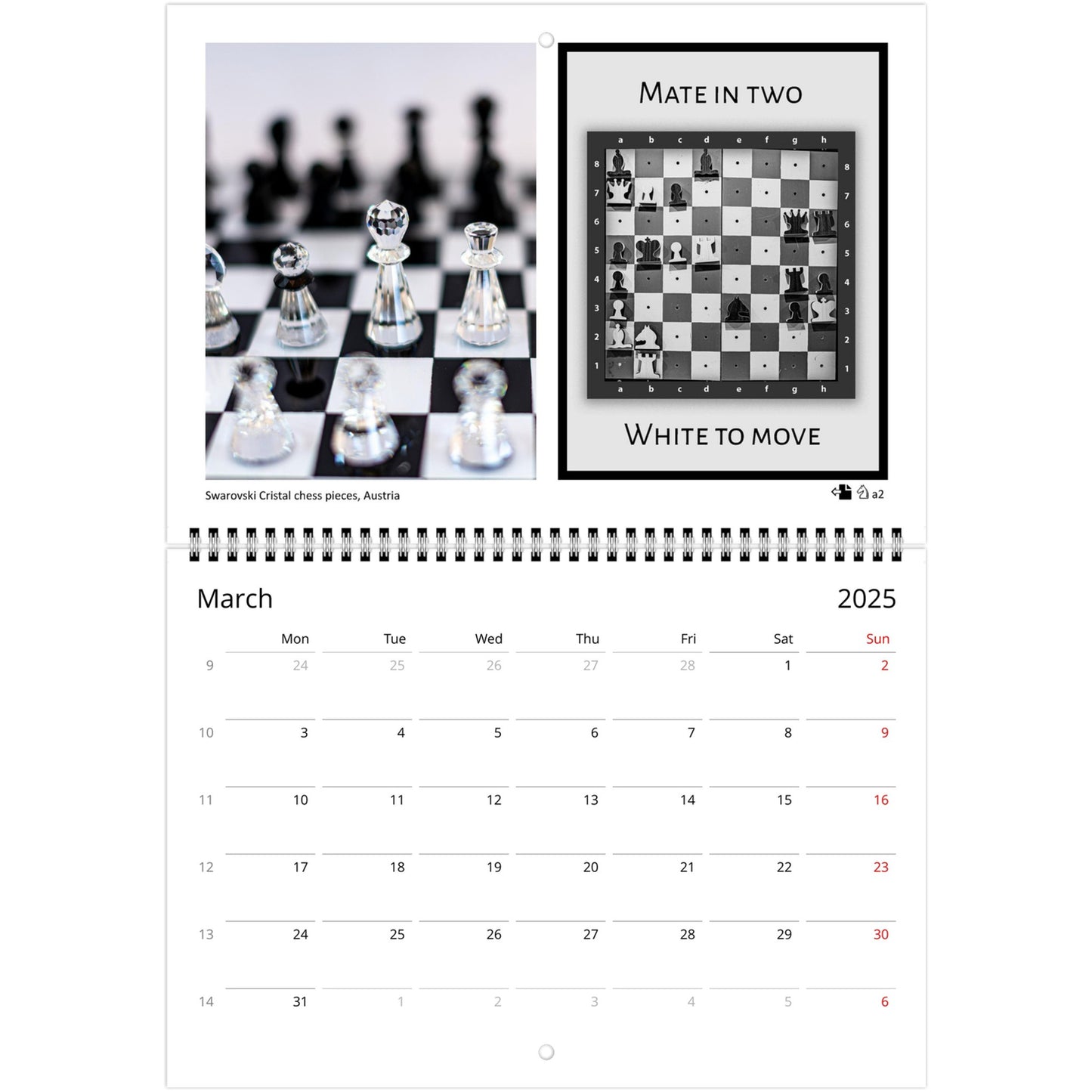 2025 Chess Wall Calendar by Istvan Maar Photography featuring intricate chess sets and challenging monthly puzzles.