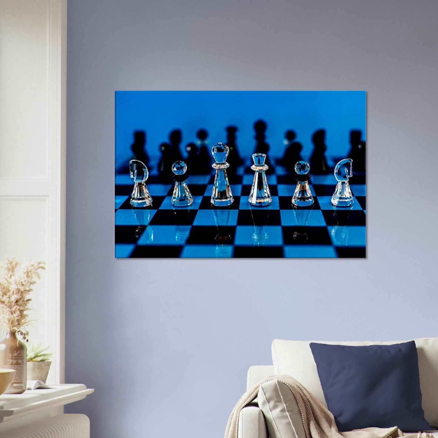 Swarovski Crystal Chess Set Canvas by Istvan Maar Photography, blue background - living room