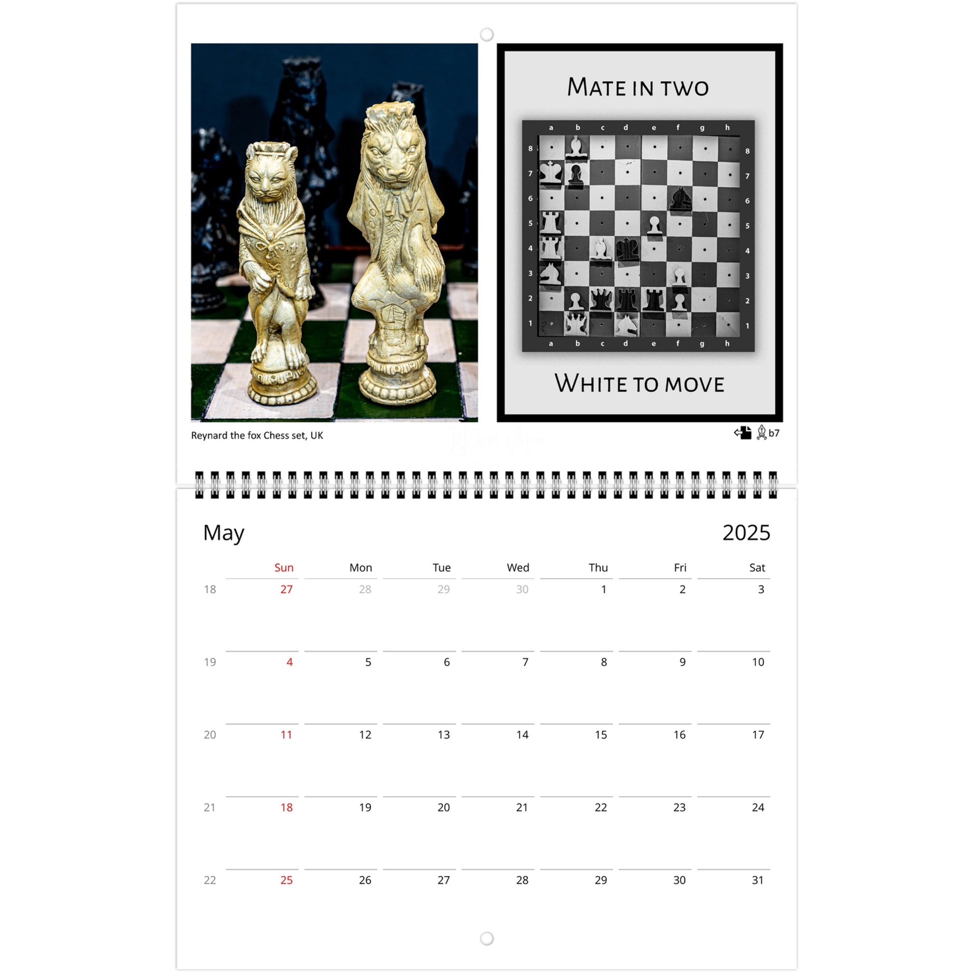 2025 Chess Wall Calendar by Istvan Maar Photography featuring global chess sets and monthly chess puzzles, vibrant imagery