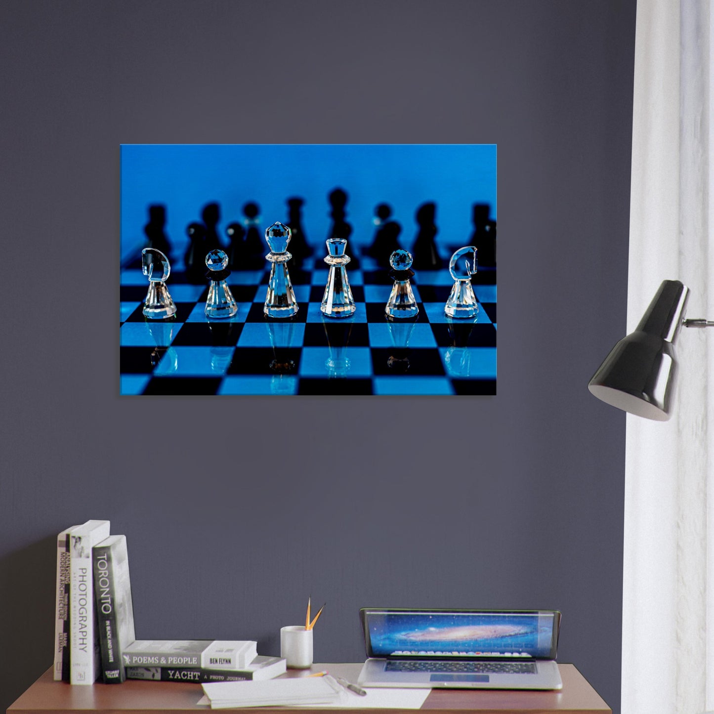 Swarovski Crystal Chess Set Canvas by Istvan Maar Photography, blue background - study feature wall