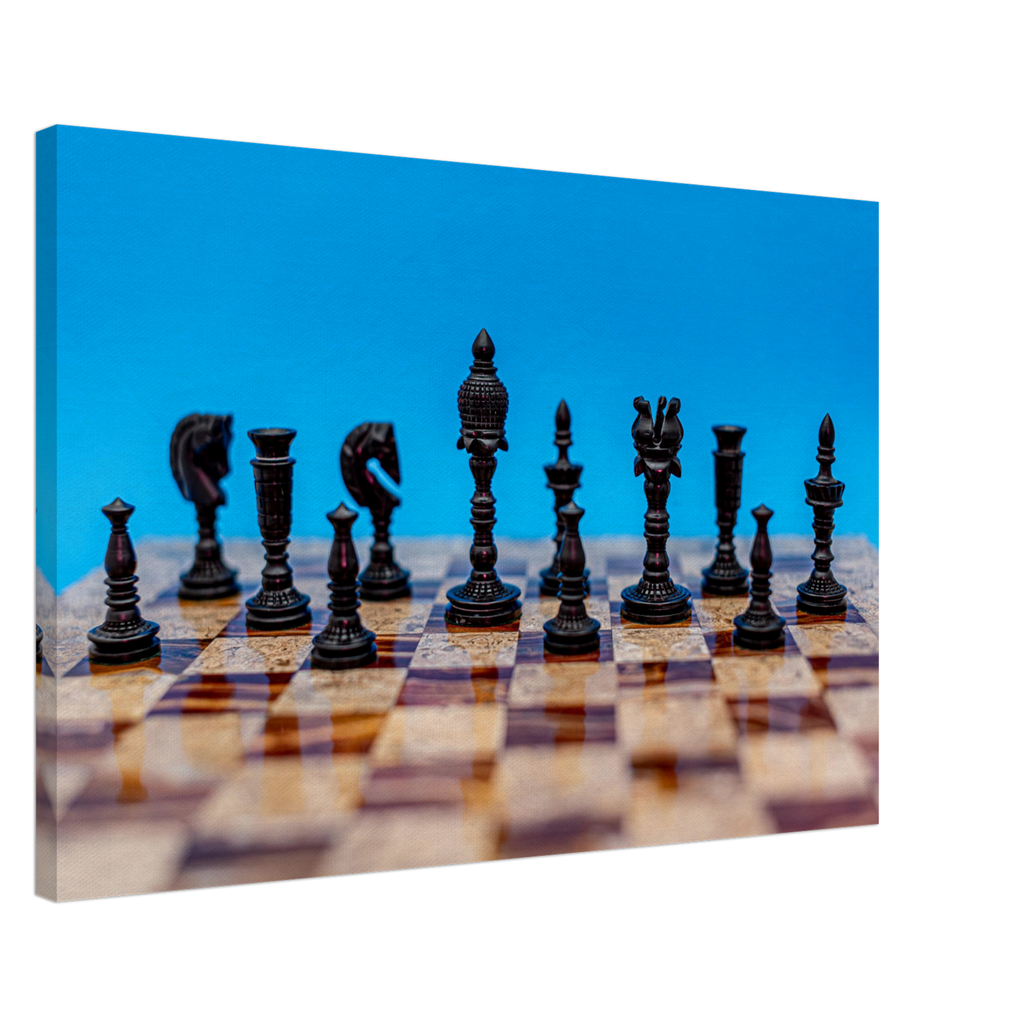 Wooden Chess Set Canvas with blue background by Istvan Maar Photography - by side