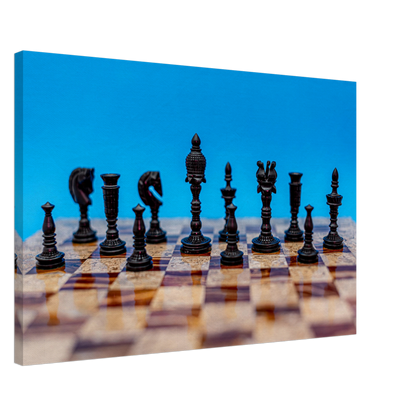 Wooden Chess Set Canvas with blue background by Istvan Maar Photography - by side