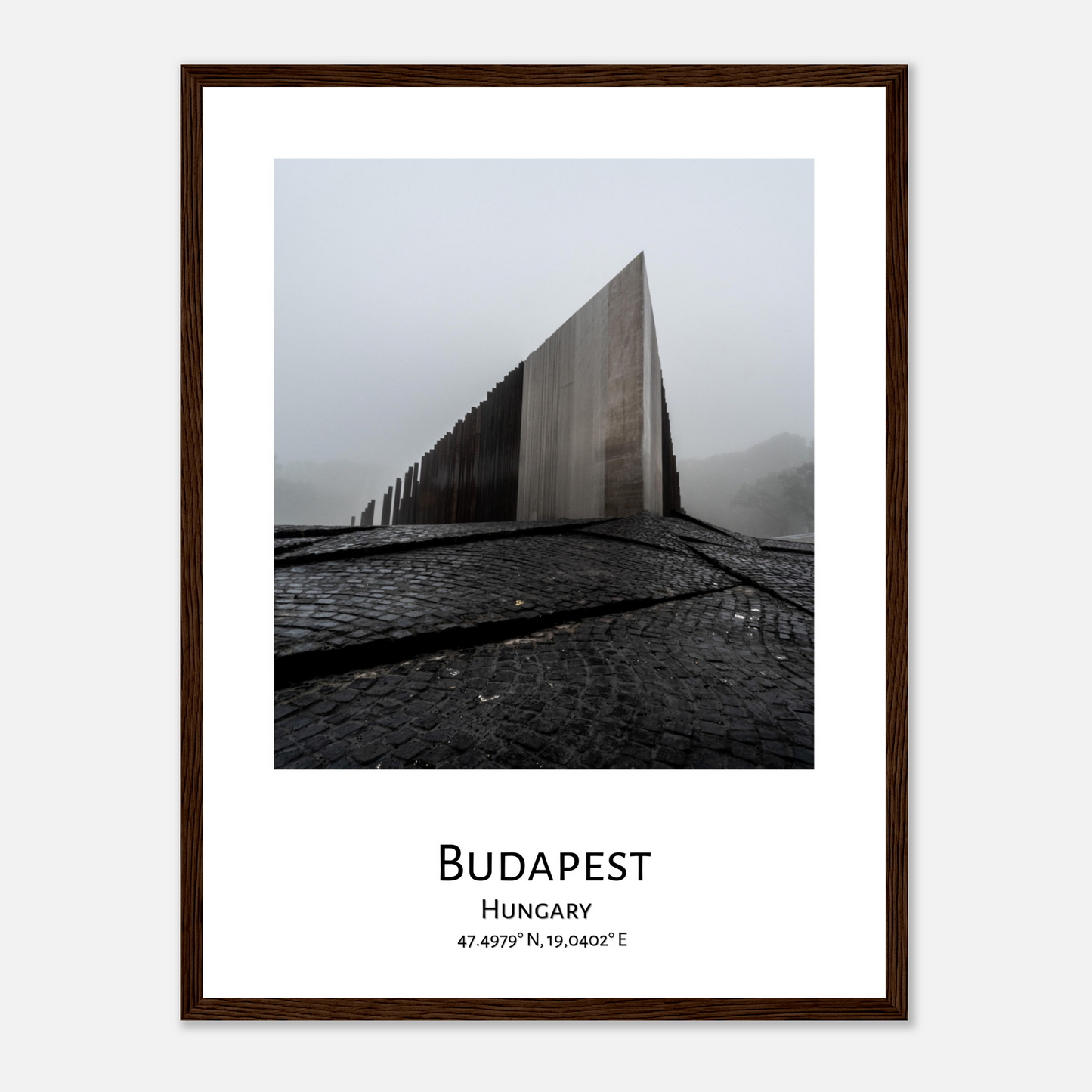 Personalised framed Budapest poster by Istvan Maar Photography - Central Memorial Uprising 1952 - dark wood close-up